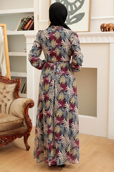 Neva Style - Rochie Hijab Burgundy cu Motiv Floral 279076 br