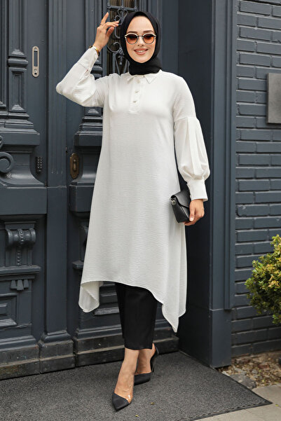 Neva Style Ασύμμετρο Λεπτομερές Εκρού Τουνίκ Τούρκικο Χιτζάμπ 615E