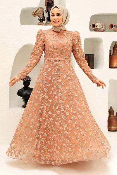 Neva Style فستان سهرة حجاب نحاسي لاسي 2238bkr