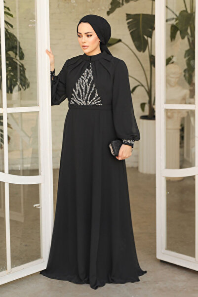 Neva Style Boncuk Işlemeli Siyah Tesettür Abiye Elbise 25886s