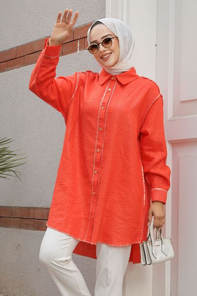 Neva Style قميص حجاب بأزرار باللون الأحمر الفاتح - 10522AK