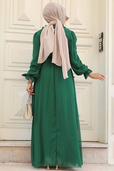Neva Style فستان حجاب أخضر بحزام 2971y