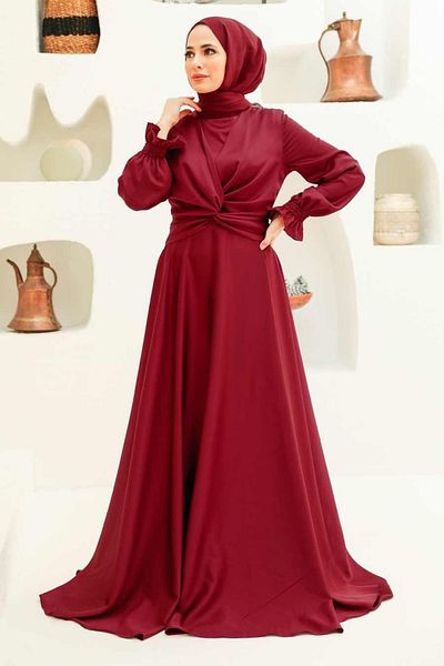 Neva Style Rochie de seara Hijab din satin creponat burgundy 3389br