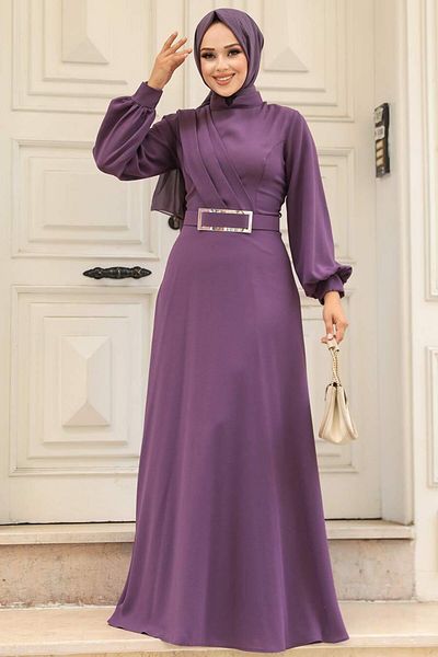 Neva Style - Rochie Hijab Liliac Inchis Cu Curea Cu Catarama 3425k