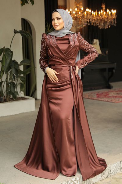 Neva Style Tailed Brown Hijab Satin Evening Dress 43381Kh