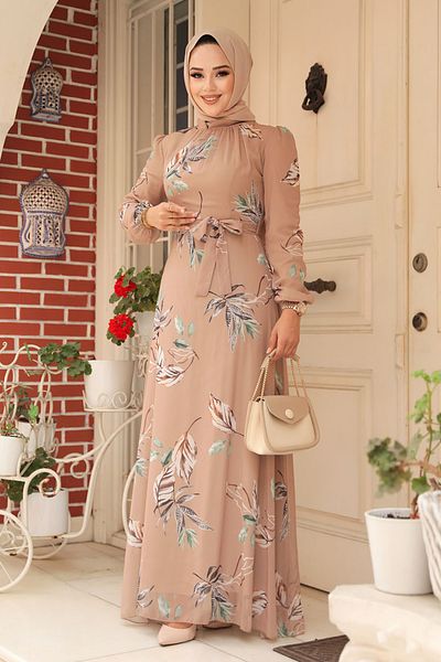 Neva Style Rochie Hijab Biscuit cu Motiv Frunze 279316 bs
