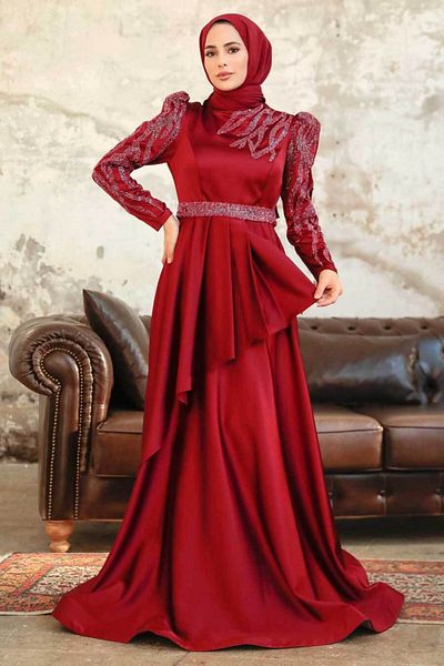 Neva Style Beaded Burgundy Satin Hijab Evening Dress 22671Br