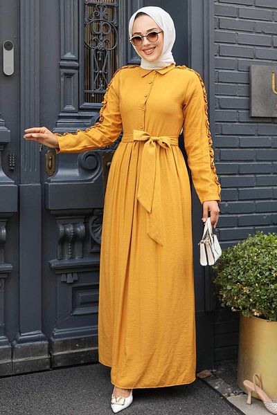 Neva Style - Mustard Hijab Dress with Ruffle Detail on Sleeves 3434hr