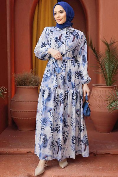 Neva Style Rochie Hijab Albastru Indigo cu Motiv Floral 60891IM
