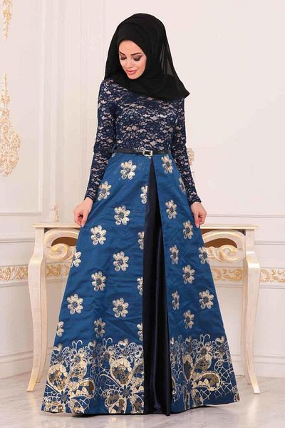 Nayla Collectıon Floral Patterned Sax Blue Hijab Evening Dress 82457Sx