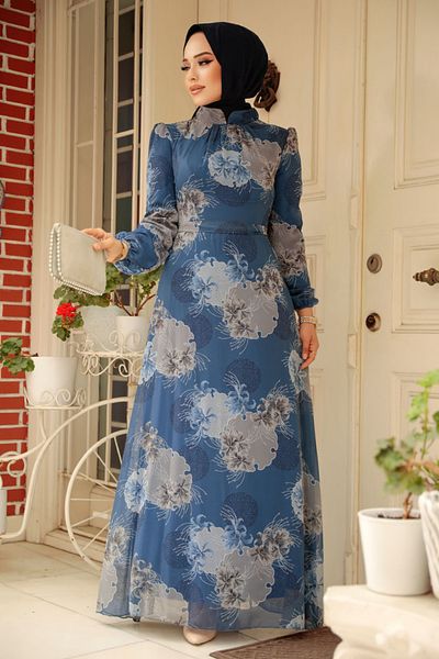 Neva Style Φόρεμα Hijab με λουλουδάτο σχέδιο Indigo Blue 279323 είμαι