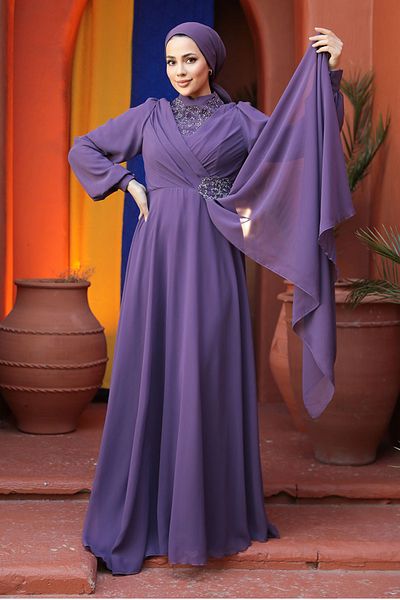 Neva Style Beaded Dark Lilac Hijab Evening Dress 25882Klıla