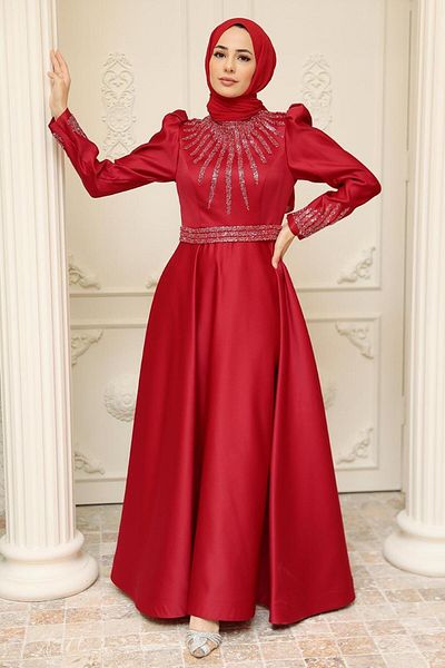 Neva Style Rochie de seara musulmana din satin burgundy brodata cu margele 22840br