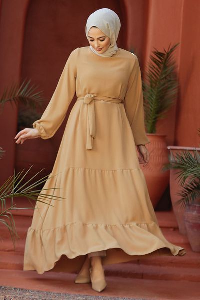 Neva Style Pleated Detailed Biscuit Hijab Dress 57351BS