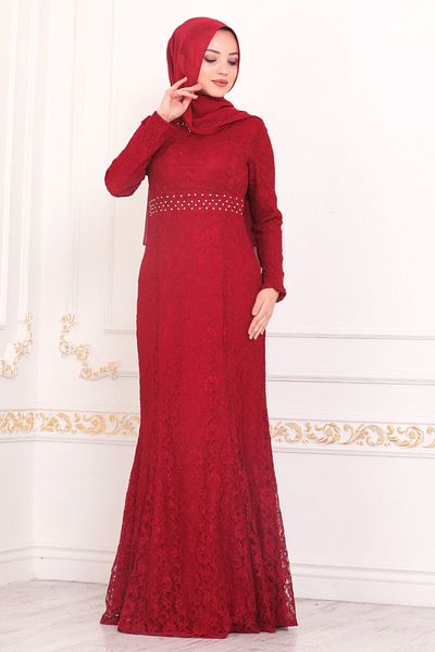 Neva Style فستان سهرة حجاب - فستان سهرة حجاب دانتيل بورجوندي 2144br