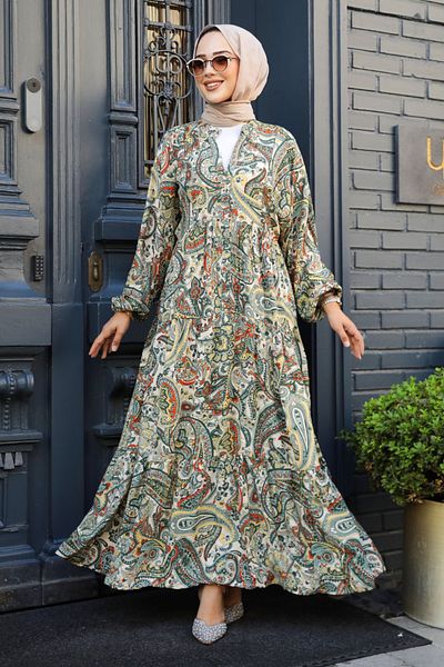 Neva Style فستان حجاب منقوش كاكي - 23585HK