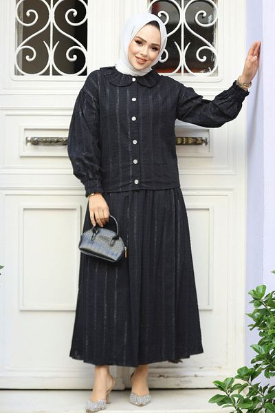 Neva Style طقم طية صدر السترة للأطفال مع تنورة حجاب سوداء - 30004S