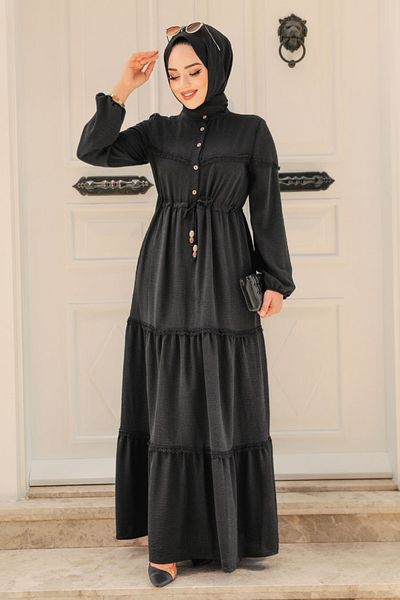 Neva Style Rochie neagră cu hijab cu nasturi 63250s
