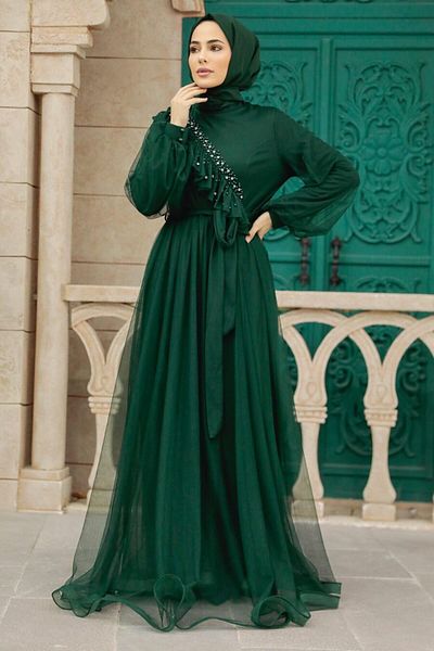 Neva Style Pearl Detailed Emerald Green Hijab Evening Dress 25841Zy