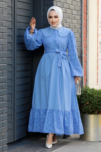 Neva Style Blue Laced Hijab Dress - 10034m