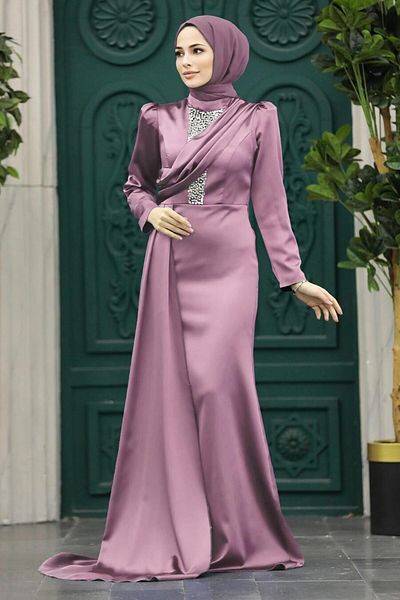 Neva Style Rochie de seara cu hijab - Rochie de seara hijab din satin liliac cu coada 22891lıla