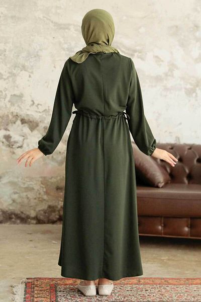 Neva Style Button Detailed Dark Khaki Hijab Dress 5813Khk