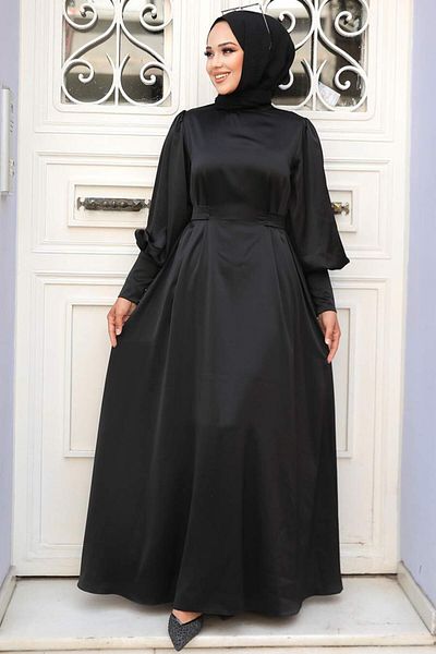 Neva Style Μπαλόνι μανίκι Μαύρο Hijab Σατέν Βραδινό Φόρεμα 61031s