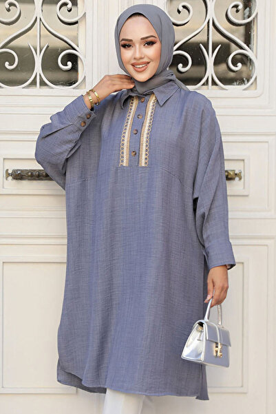 Neva Style Gray Hijab Tunic - Buttoned, Model 663GR