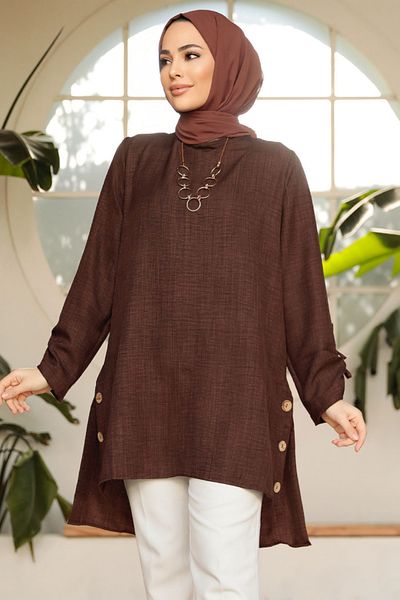 Neva Style تونيك حجاب بني بأزرار 41281KH