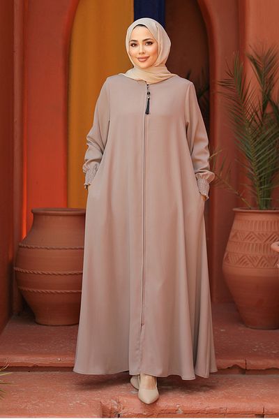 Neva Style Beige Hijab Abaya - Zippered, Model 26302BEIGE
