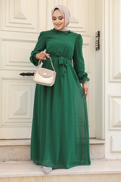 Neva Style فستان حجاب أخضر بحزام 2971y
