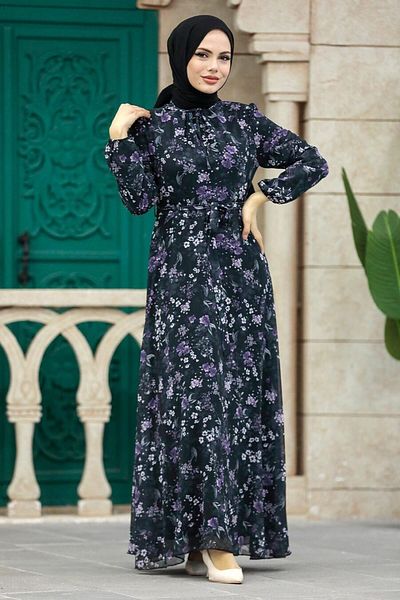 Neva Style - Rochie Hijab Neagră cu Motiv Floral 279044 s