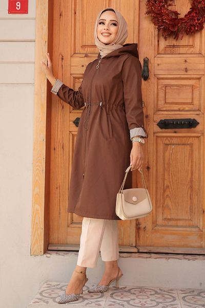 Neva Style Καφέ Hijab Trench με φερμουάρ - 69721KH