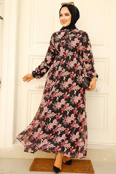 Neva Style Floral Patterned Fuchsia Hijab Dress 50358F