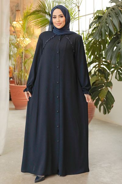 Neva Style Buttoned Navy Blue Hijab Ferace 45275L