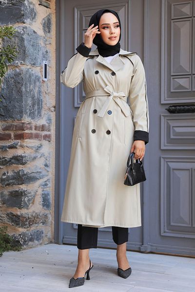 Neva Style Buttoned Light Khaki Hijab Trench Coat 5371Ahk
