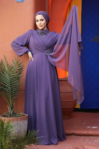 Neva Style Rochie de seara cu hijab - Rochie de seara hijab liliac inchis brodata cu margele 25882klıla