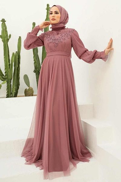 Neva Style Βραδινό φόρεμα Hijab σκούρο λιλά με χάντρες 21780klıla
