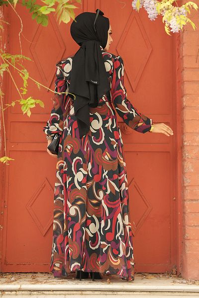 Neva Style - Rochie neagră cu hijab cu modele florale 27936s