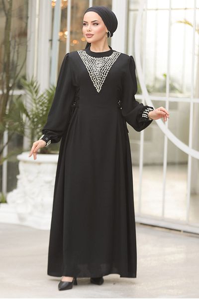 Neva Style Pearl Embroidered Black Hijab Evening Dress 10641S