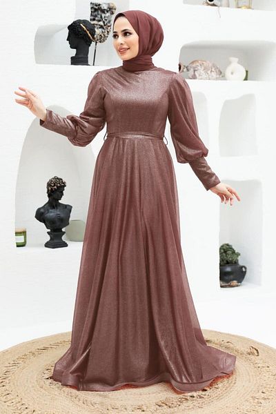Neva Style فستان سهرة بأكمام بالون ورد مجفف مع حجاب 56721gk
