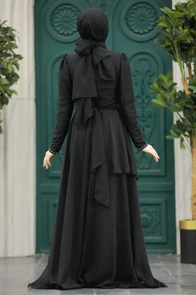 Neva Style Pearl Detailed Black Hijab Evening Dress 22223S