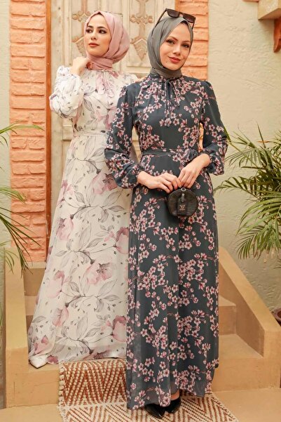 Neva Style Floral Patterned Ecru Hijab Dress 279017E