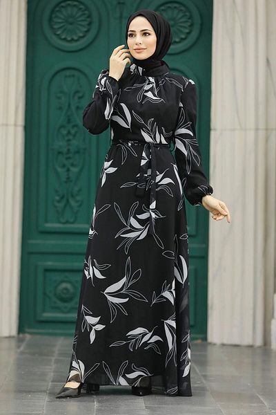 Neva Style - Rochie Hijab Gri cu Motiv Frunze 279315 gr