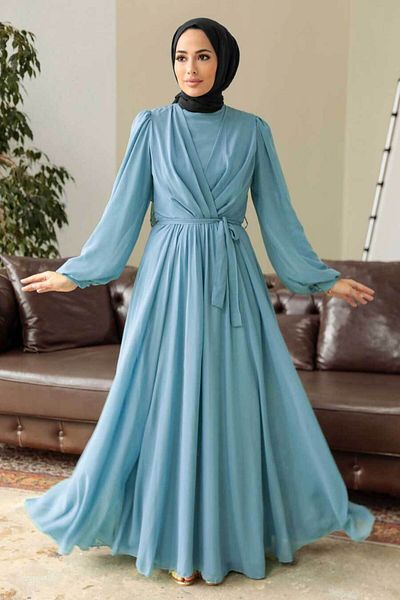 Neva Style - Rochie Hijab Albastru Maneca Balon 5796m