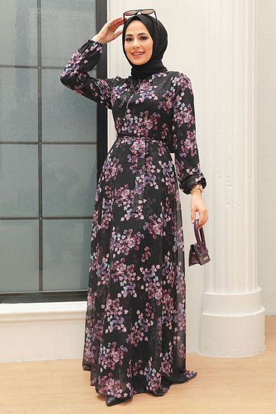 Neva Style - فستان حجاب أسود بنقشة زهور 279061 س