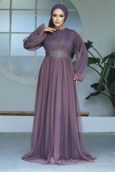 Neva Style فستان سهرة حجاب من التول الوردي الداكن 54230kgk