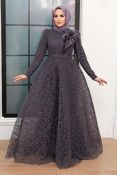 Neva Style Lacy Dark Lilac Hijab Evening Dress 22421Klıla