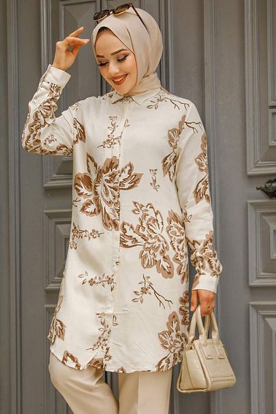 Neva Style تونيك حجاب بني منقوش 11691KH