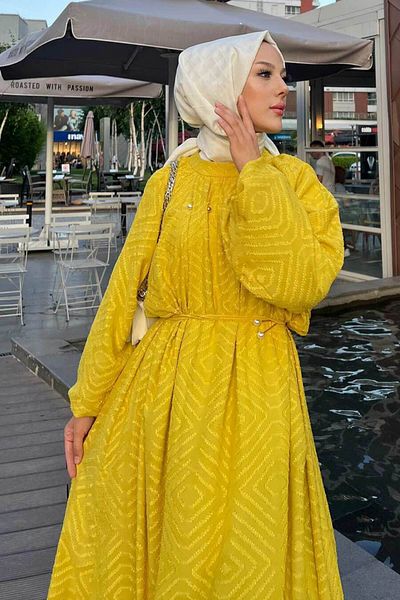 Neva Style Mustard Print Hijab Dress - 14291Hr